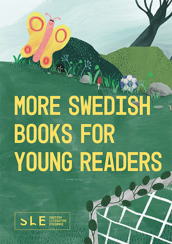 Teckning av en stor gul fj&auml;ril som flyger &ouml;ver gr&ouml;na kullar.