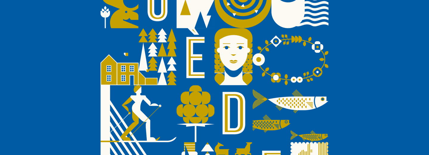 poster for the festival Les Boréales in Normandy. It's blue with Swedish symbols with the text "Suede".