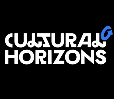 Vit text "Cultural Horizons" på svart bakgrund. 