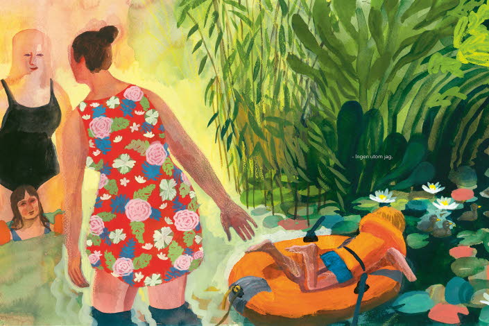 Illustration by Sara Lundberg. Two woman are standing in a lake talking and two kids are playing in the water. The colours are warm.