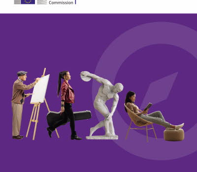 Omslagsbild med collage: en äldre man står och målar vid ett staffli, en kvinna går med en gitarr, foto av statyn Diskuskastaren, en kvinna sitter och läser.