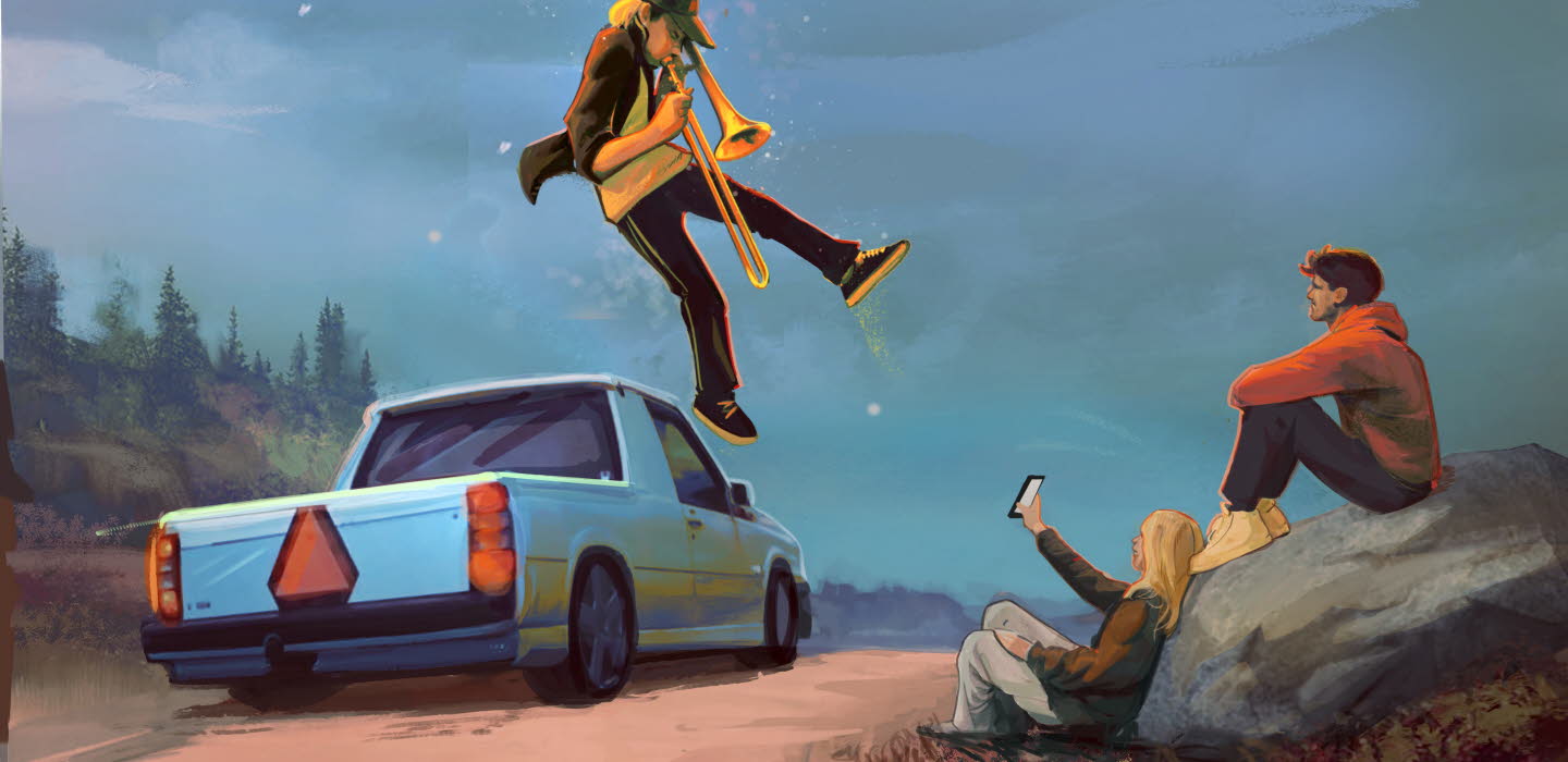 Pojke spelar trombon ovanför en EPA-traktor.