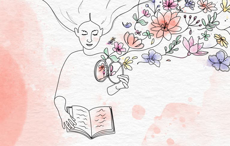 Illustration av läsande kvinna som öppnar en lucka i sitt hjärta. Väller ut blommor.
