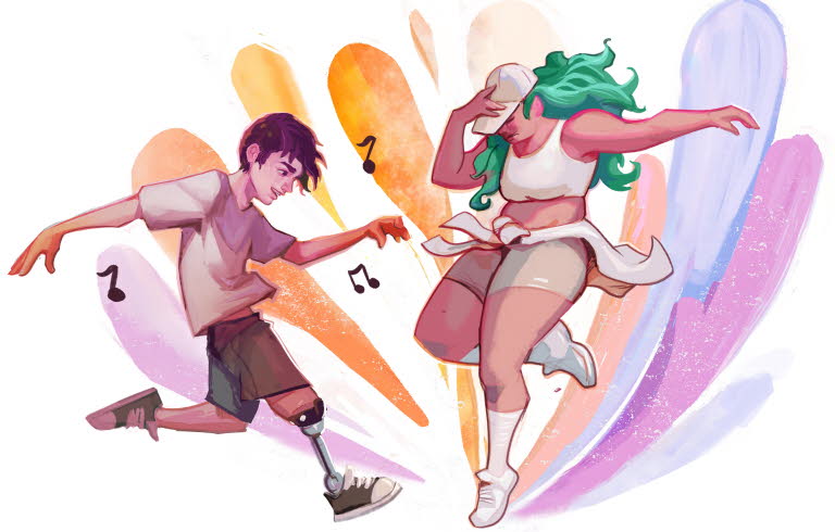 Illustration där kille och tjej dansar. Killen har en benprotes.