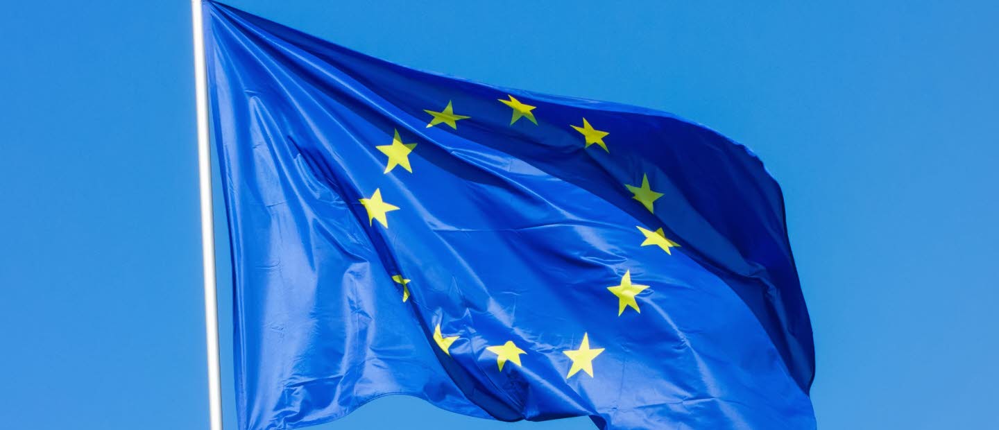 Bild på EU-flaggan. Blå bakgrund med gula stjärnor i en cirkel.