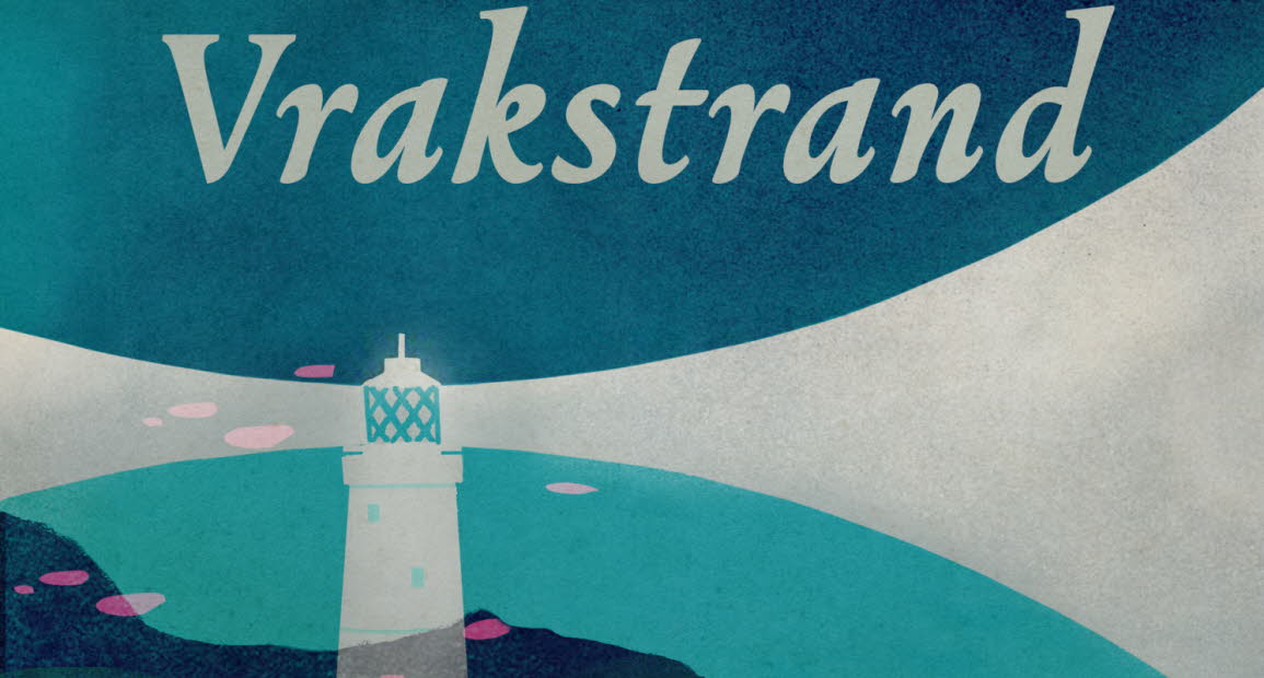 Book cover, Vrakstrand, blue and green illustration of the sea and a light house.