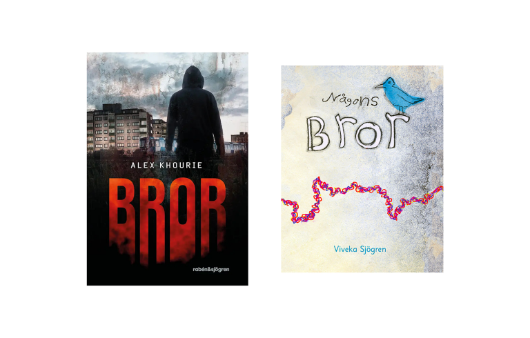 Collage with the two covers: "Bror" and "Någons bror" . The title "Bror" is written in red on a dark background, you see a man standing in a suburb. The cover of "Någon bror" is an illustration in bright colours, there is a red line and a blue bird. 