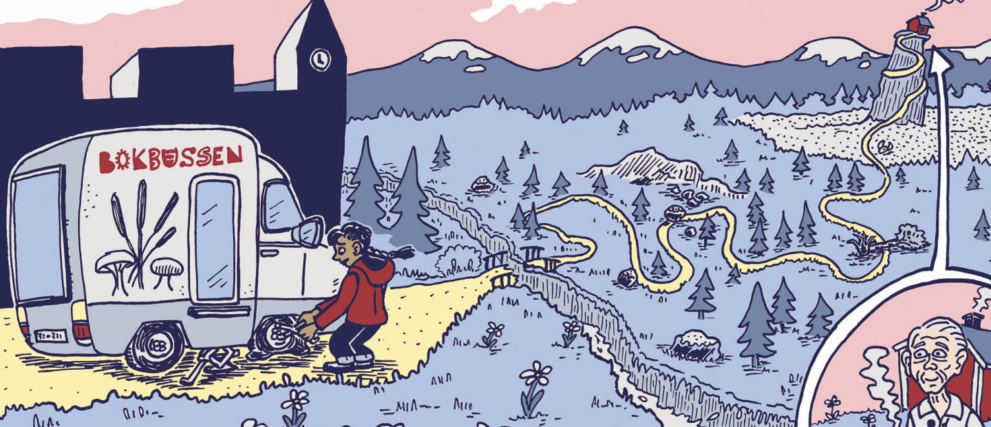 Illustration av en bokbuss i ett bergslandskap.
