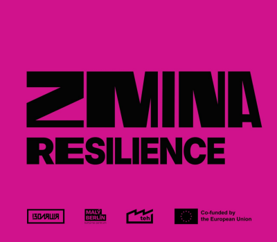 Svart text på ceriserosa bakgrund "Zmina resilence".