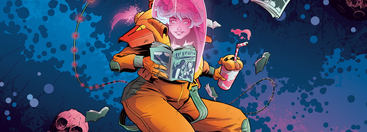 Tecknad kvinna som läser i rymden. Böcker flyger omkring.