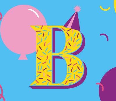 Illustration med färgglada ballonger och ett stort b med partyhatt. 