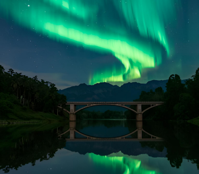 Siluett av bro flankerad av träd, vatten och himmel med morgonrodnad. 