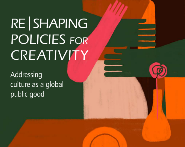 Omslagsbild för Global Report. Illustration av två människoliknande figurer i färgerna orange, rosa, grönt och svart som kramas. På omslaget står även titel och avsändare. 