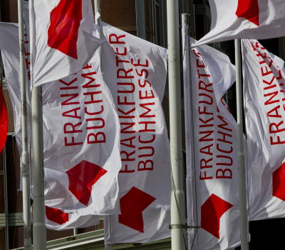 White flags with red text, Frankfurter Buchmesse.