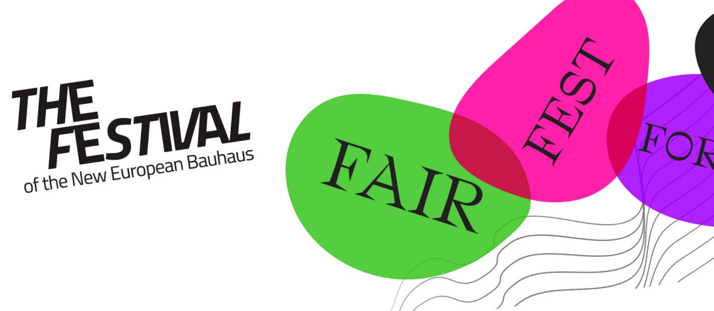 Affisch för festivalen. Text i grön, rosa och lila bubbla.