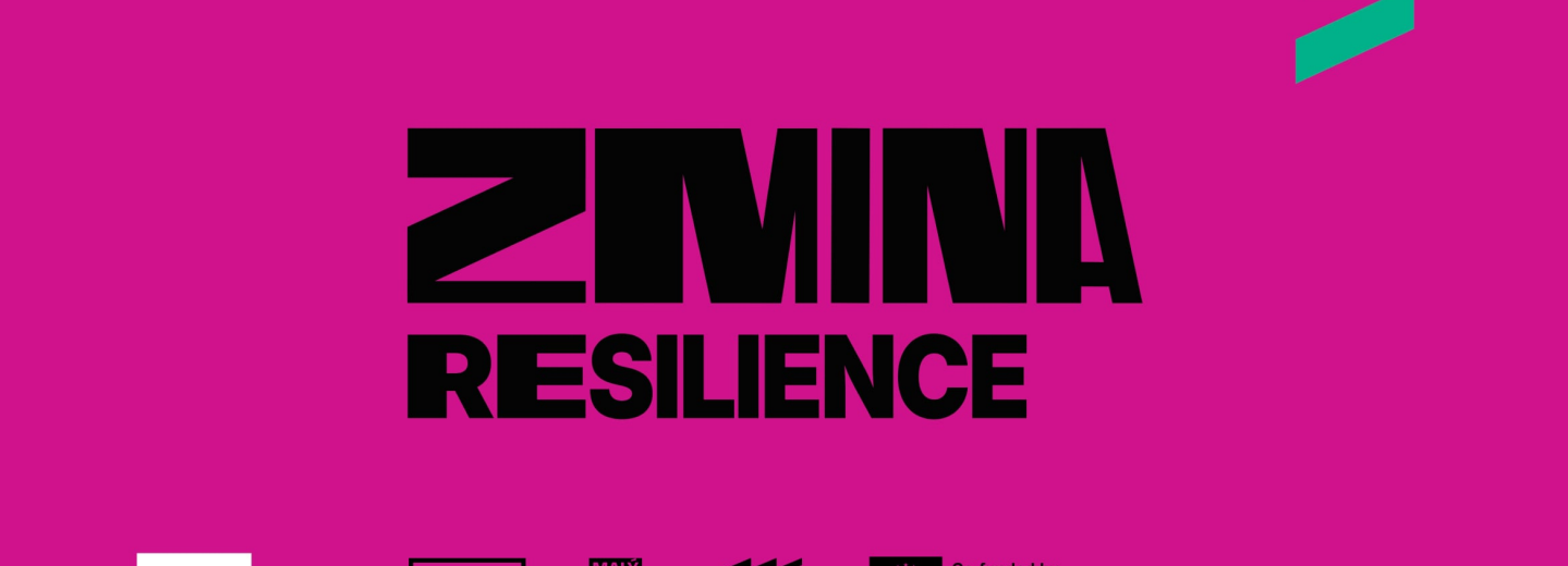 Svart text på ceriserosa bakgrund "Zmina resilence".