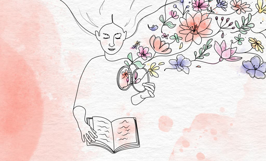 Illustration av läsande kvinna som öppnar en lucka i sitt hjärta. Väller ut blommor.