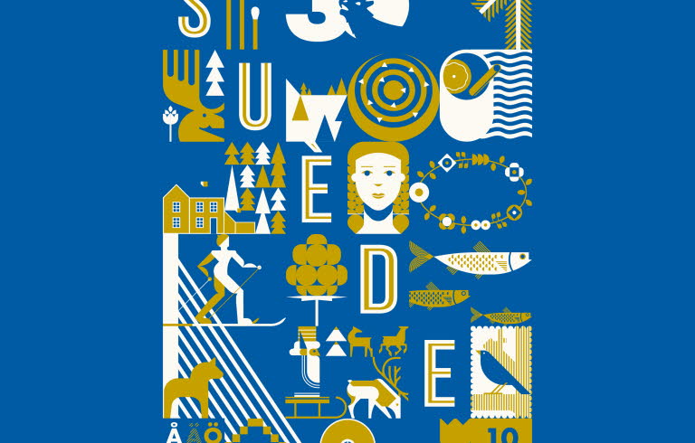 poster for the festival Les Boréales in Normandy. It's blue with Swedish symbols with the text "Suede".