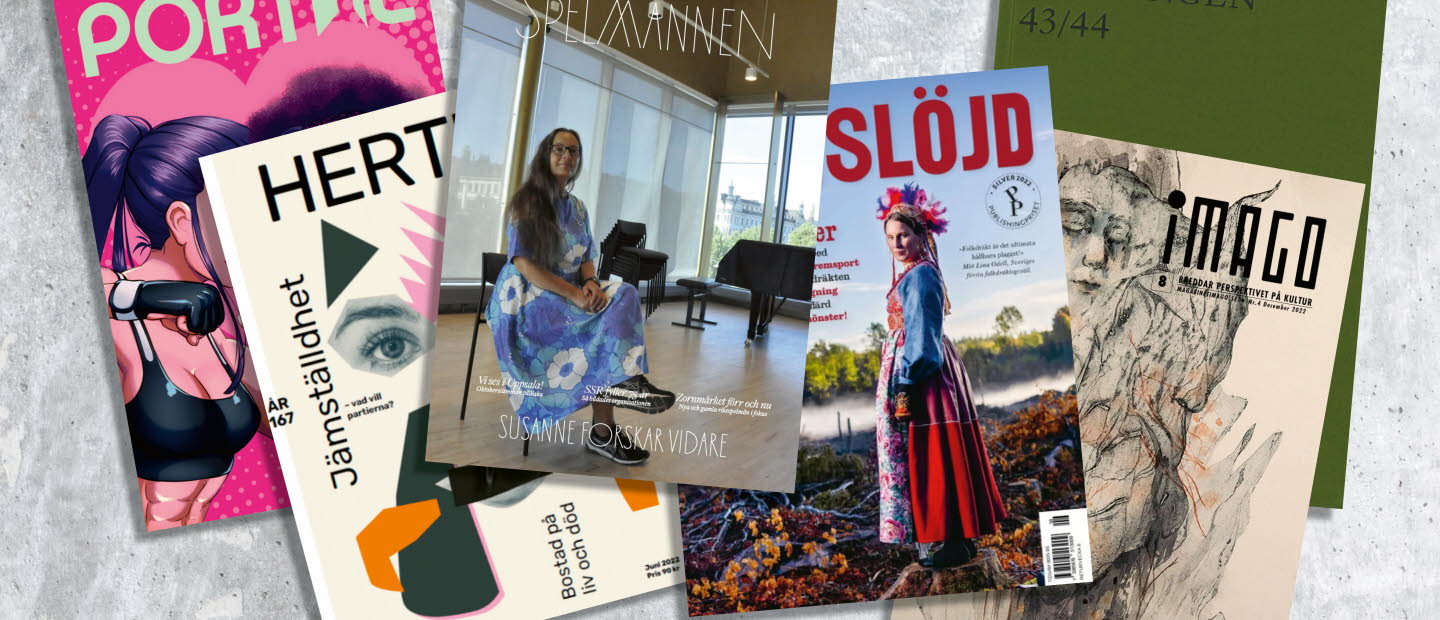 Omslag på tidskrifter som beviljats bidrag: Portal, Herta, Spelmannen, Hemslöjd, Imago och Tydningen.