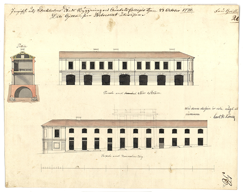 Ritning från 1770, Stockholms stadsarkiv. Änkan Anna Johanna Grill ans er om att bygga salubodar och bostadsrum i ekonomiflygel på sitt hus vid Gustav Adolfs Torg. 
