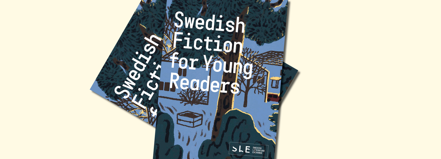 Publication cover, a drawing of a house with a tree in front of it. White text: Swedish Fiction for Young readers. 