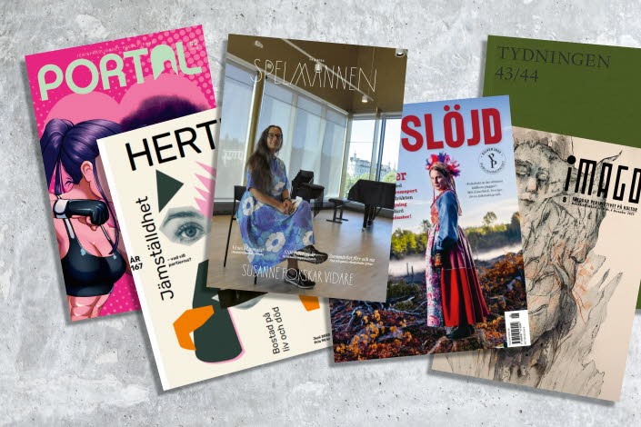Omslag på tidskrifter som beviljats bidrag: Portal, Herta, Spelmannen, Hemslöjd, Imago och Tydningen.