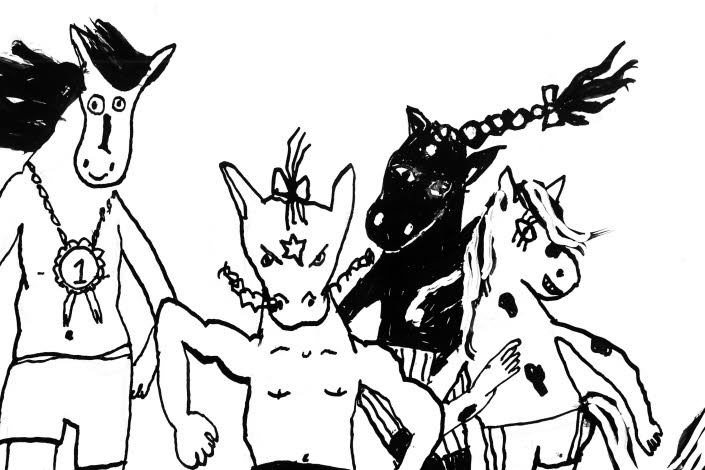 Running horses, illustration in black and white.