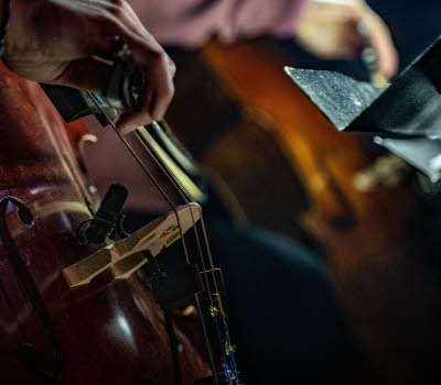 Stråkdrag över cellosträngar.