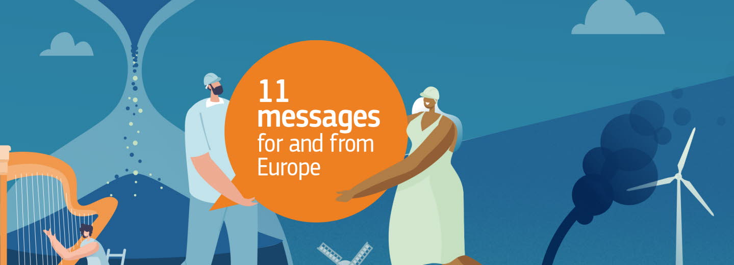 Omslag för rapporten, en man och en kvinna håller en rund orange pratbubbla med texten, elva meddelanden från och för Europa.