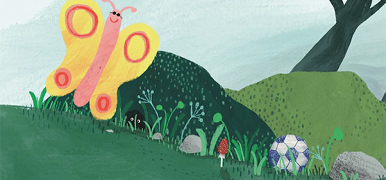 Cover, illustration picturing a butterfly and a green garden. 