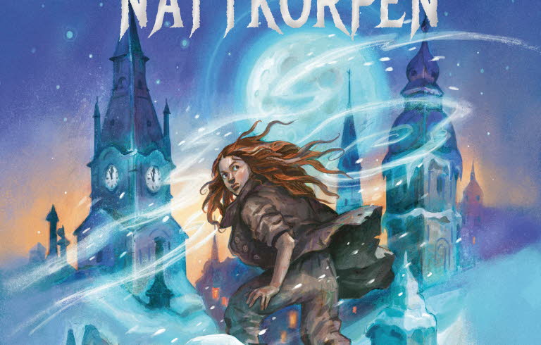 Illustrated cover, a red-haired girl in a snowy landscape with a church and a city in the background.