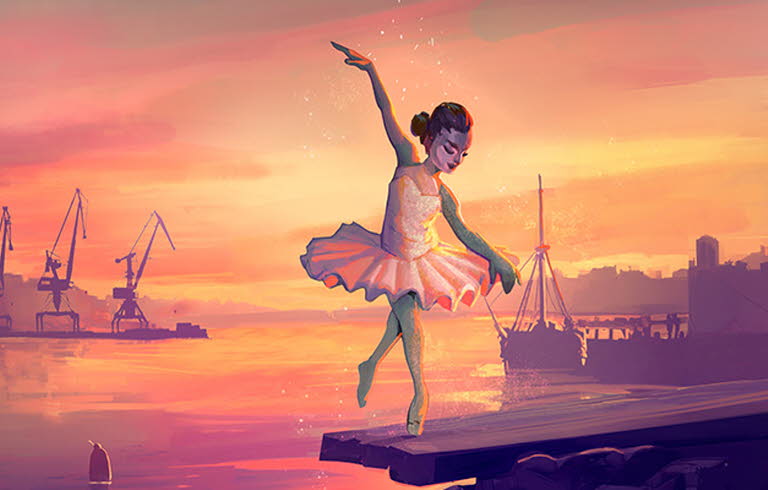Illustration på flicka som dansar balett. I bakgrunden hamn och hav.