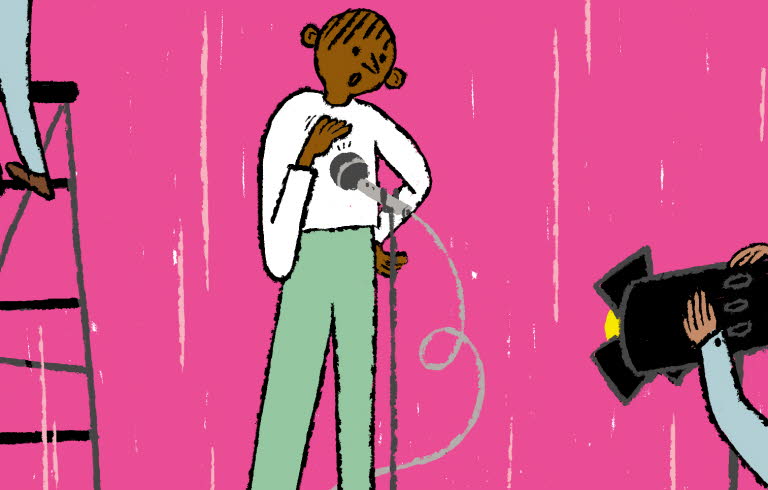 Illustration där flera barn förbereder en föreställning på en scen. De provar ljud, arbetar med ljuset. 