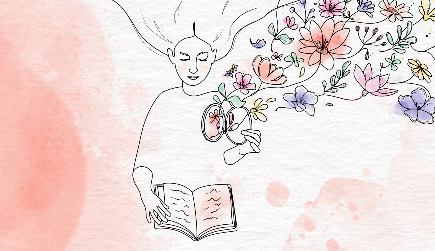 Illustration av läsande kvinna som öppnar en lucka i sitt hjärta. Väller ut blommor.