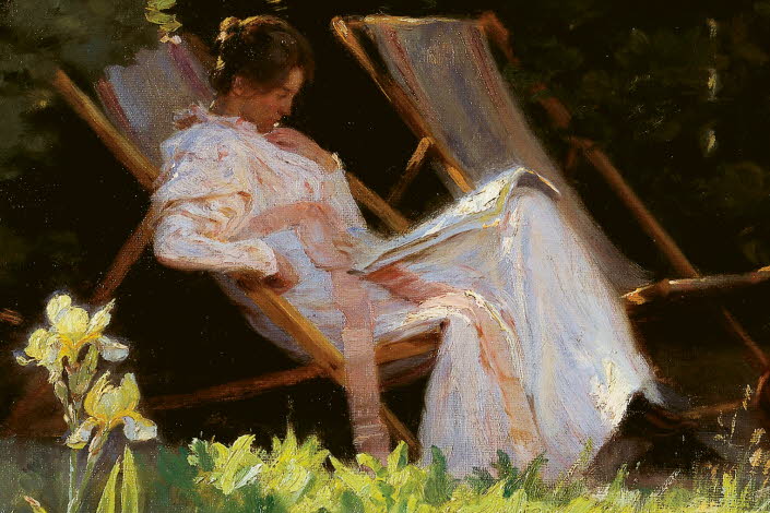 Book cover of "Konsterna". It's a painting of an women reading in a garden.