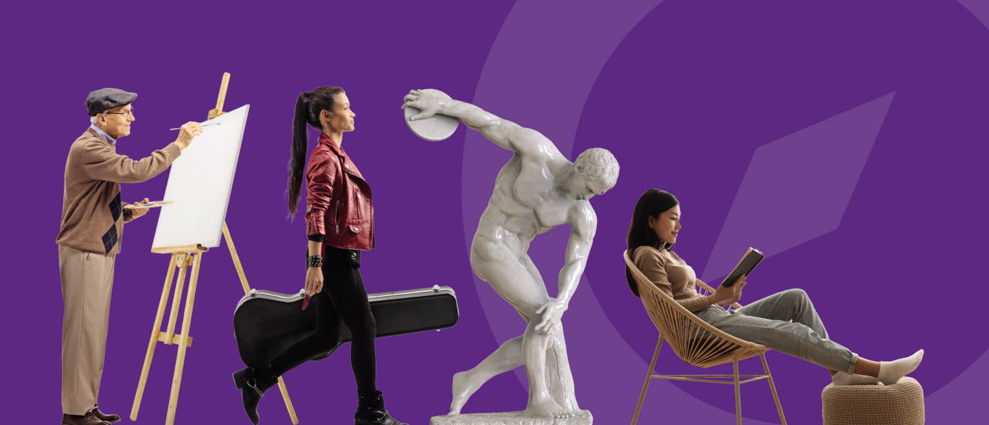 Omslagsbild med collage: en äldre man står och målar vid ett staffli, en kvinna går med en gitarr, foto av statyn Diskuskastaren, en kvinna sitter och läser.