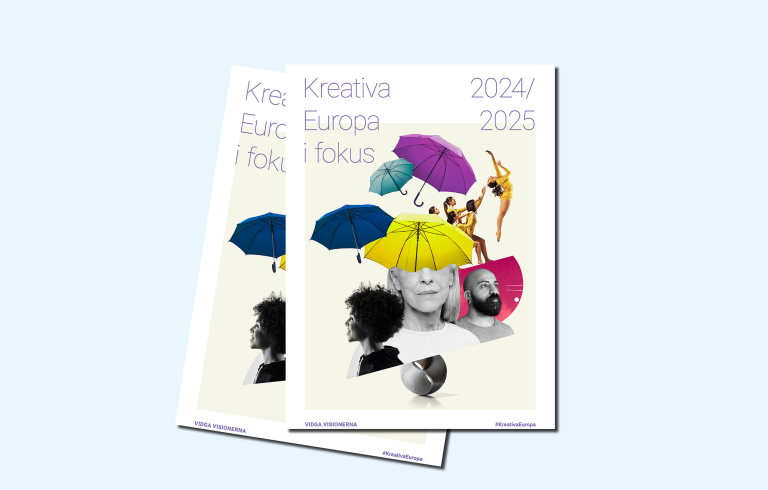 Omslag Kreativa Europa i fokus 2024/2025. Collage med färgglada paraplyer och människor.