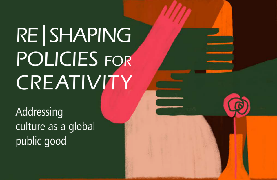 Omslagsbild för Global Report. Illustration av två människoliknande figurer i färgerna orange, rosa, grönt och svart som kramas. På omslaget står även titel och avsändare. 