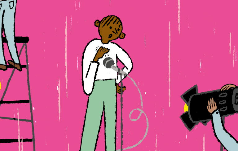 Illustration där flera barn förbereder en föreställning på en scen. De provar ljud, arbetar med ljuset. 