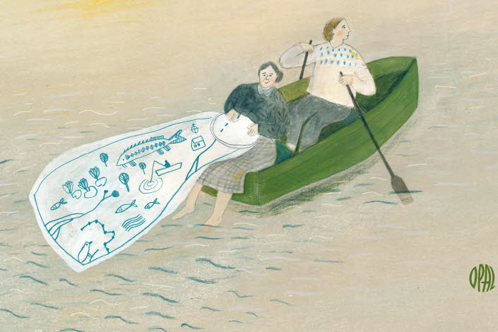 Book cover of "Vad är en flod" by Monika Vaicenaviciené. Two women are sitting in a green boat.