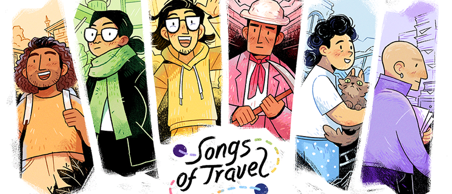 En färgglad serie-tecknad bild av sex personer, under personerna står texten: Songs of Travel..