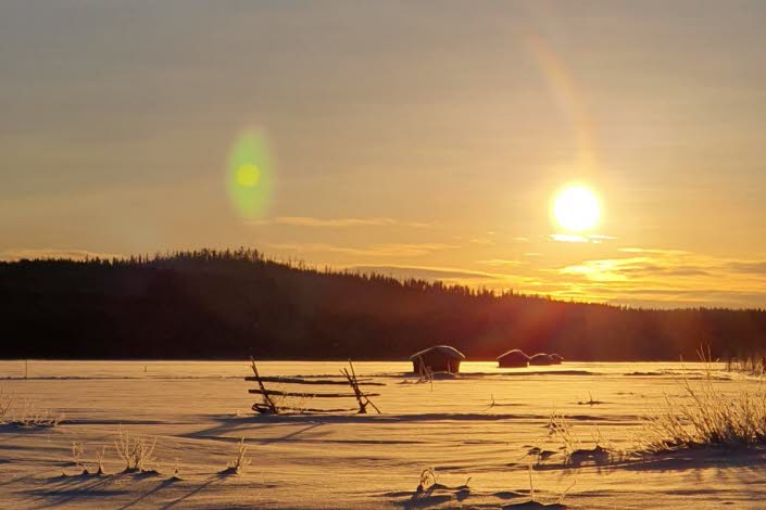 Vinterbild från myr med lador i bakgrunden och en lågt stående sol.