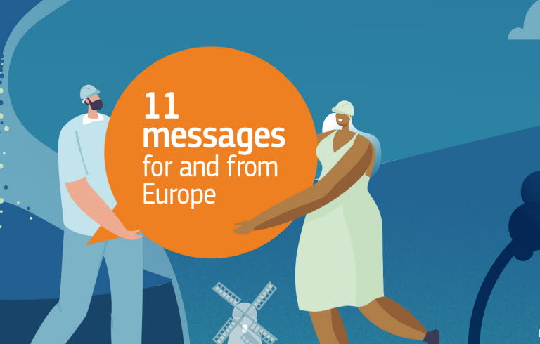 Omslag för rapporten, en man och en kvinna håller en rund orange pratbubbla med texten, elva meddelanden från och för Europa.