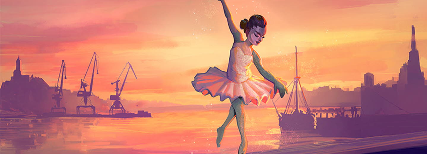 Illustration på flicka som dansar balett. I bakgrunden hamn och hav.