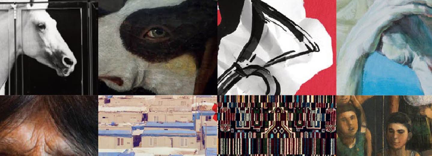 Del av rapportomslag som bland annat visar: närbild av ögon, hästhuvud, detalj av målning med händer och del av textilt konstverk. 