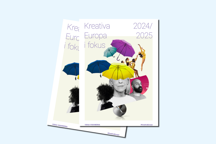 Omslag Kreativa Europa i fokus 2024/2025. Collage med färgglada paraplyer och människor.