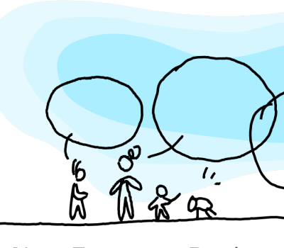 Linjeritade husfasader, människor, pratbubblor och träd.