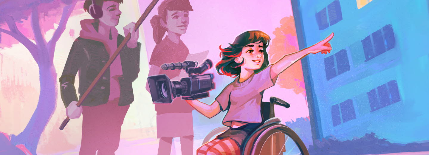 Illustration på tre ungdomar som spelar in en film. Fotografen sitter i en rullstol.