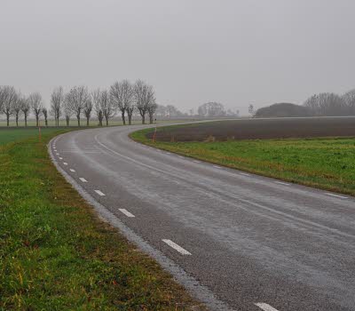 Landsväg i duggregn och dimma, Vallsten, Gotland.