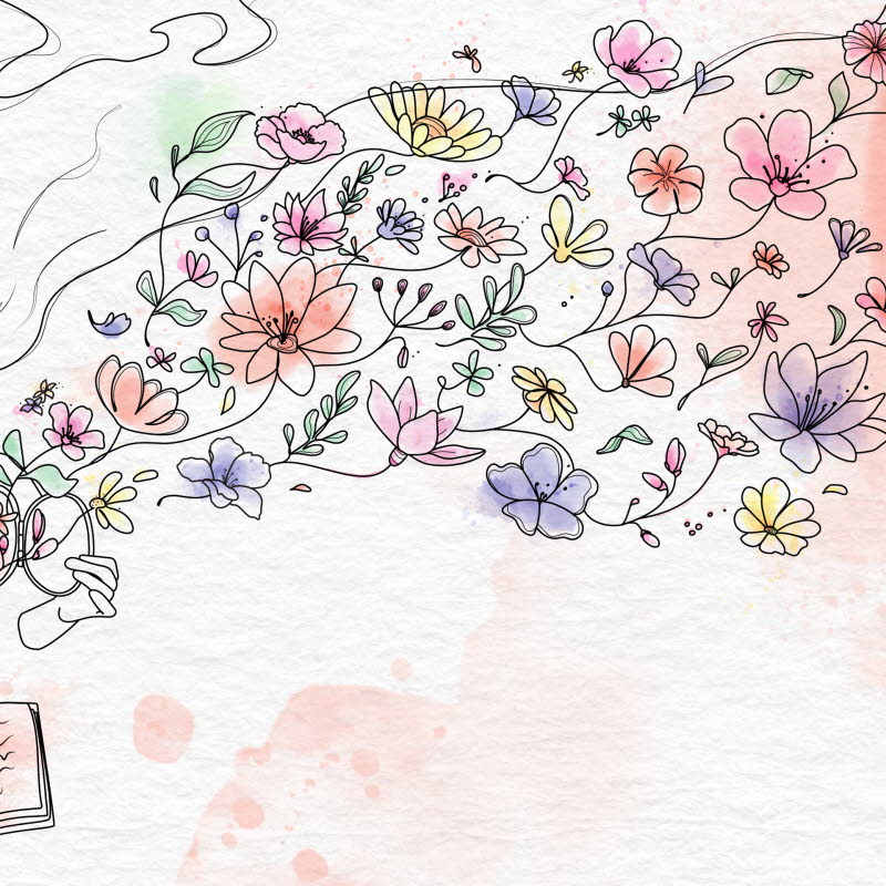 Illustration av läsande kvinna som öppnar en lucka i sitt hjärta. Väller ut blommor.